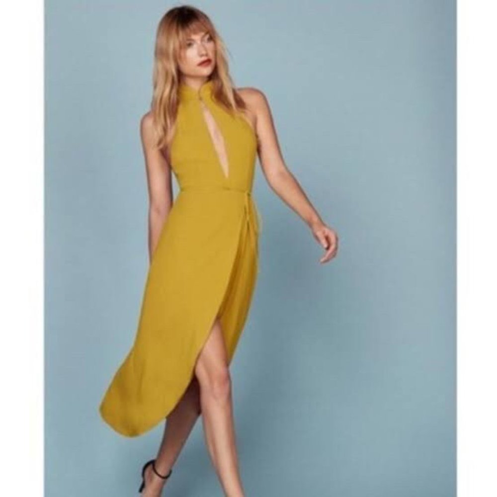 Reformation Mustard Wrap Dress